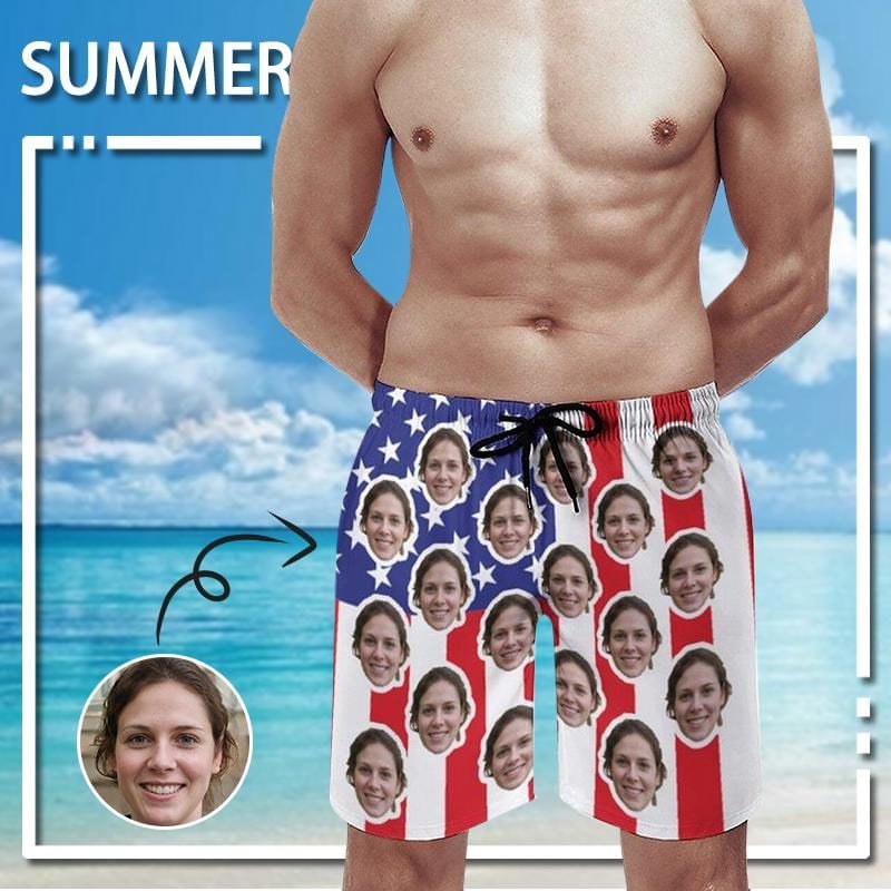 Custom Couple Matching Beach Shorts&Plus Size Swimsuit Custom Face US Flag Personalized Photo Men's Quick-drying Beach Shorts - YesCustom