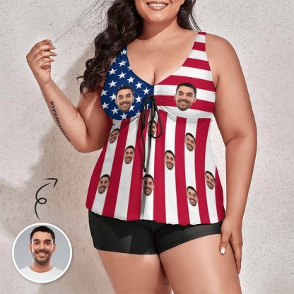 Custom Couple Matching Beach Shorts&Plus Size Swimsuit Custom Face US Flag Personalized Photo Men's Quick-drying Beach Shorts - YesCustom