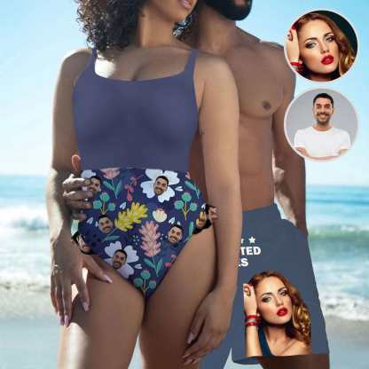 Custom Couple Matching Beach Shorts&Ruffle One Piece Swimsuit Custom Custom Face Endless Love Personalized Photo Men's Quick-drying Beach Shorts - YesCustom