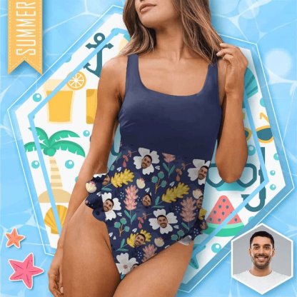 Custom Couple Matching Beach Shorts&Ruffle One Piece Swimsuit Custom Custom Face Endless Love Personalized Photo Men's Quick-drying Beach Shorts - YesCustom