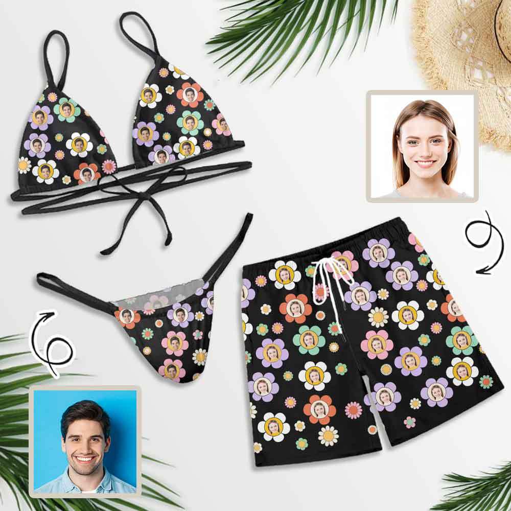 Custom Couple Matching Colorful Flowers Black Swimwear Custom Face Women's Two-Pieces Triangle Bikini Set & Men's Swim Shorts - YesCustom