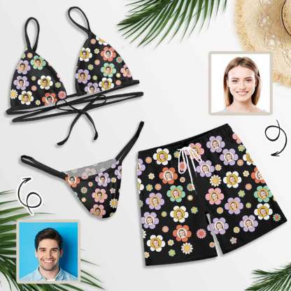 Custom Couple Matching Colorful Flowers Black Swimwear Custom Face Women's Two-Pieces Triangle Bikini Set & Men's Swim Shorts - YesCustom