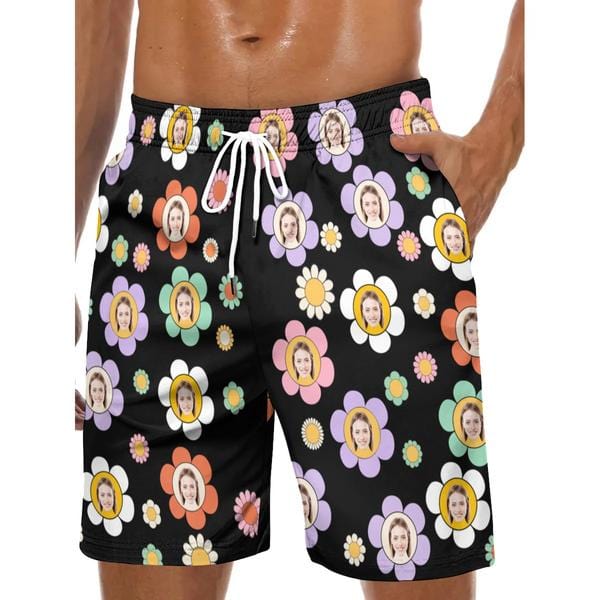 Custom Couple Matching Colorful Flowers Black Swimwear Custom Face Women's Two-Pieces Triangle Bikini Set & Men's Swim Shorts - YesCustom