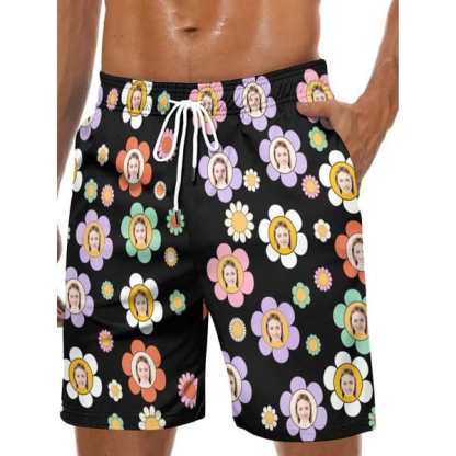 Custom Couple Matching Colorful Flowers Black Swimwear Custom Face Women's Two-Pieces Triangle Bikini Set & Men's Swim Shorts - YesCustom