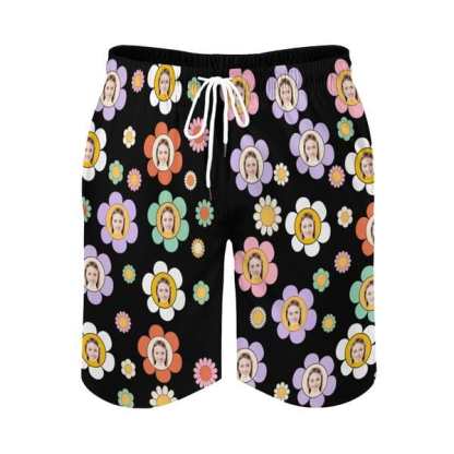 Custom Couple Matching Colorful Flowers Black Swimwear Custom Face Women's Two-Pieces Triangle Bikini Set & Men's Swim Shorts - YesCustom