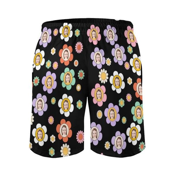 Custom Couple Matching Colorful Flowers Black Swimwear Custom Face Women's Two-Pieces Triangle Bikini Set & Men's Swim Shorts - YesCustom