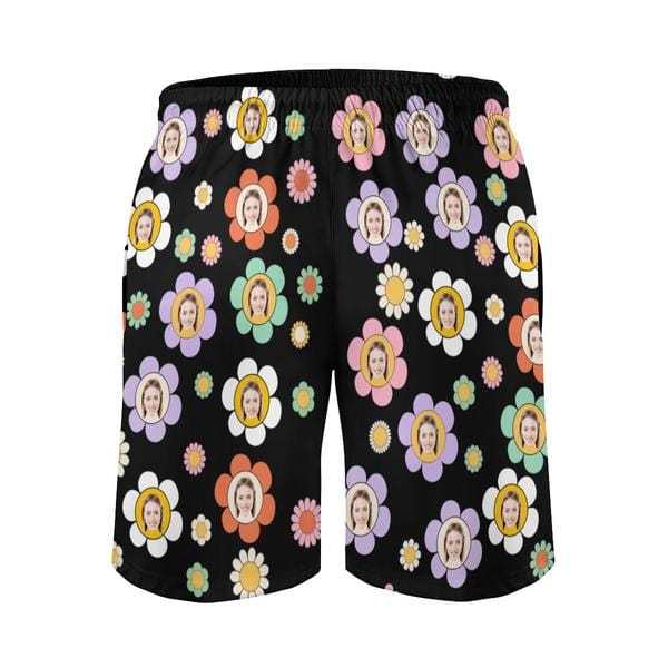 Custom Couple Matching Colorful Flowers Black Swimwear Custom Face Women's Two-Pieces Triangle Bikini Set & Men's Swim Shorts - YesCustom