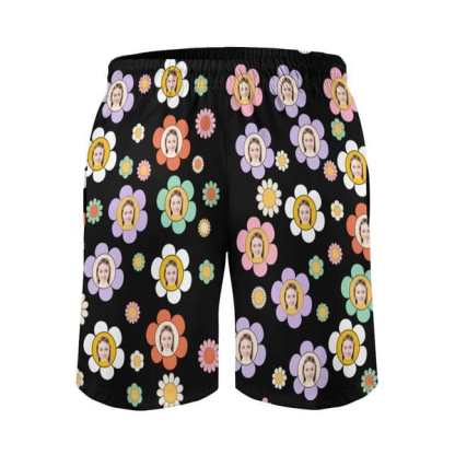 Custom Couple Matching Colorful Flowers Black Swimwear Custom Face Women's Two-Pieces Triangle Bikini Set & Men's Swim Shorts - YesCustom