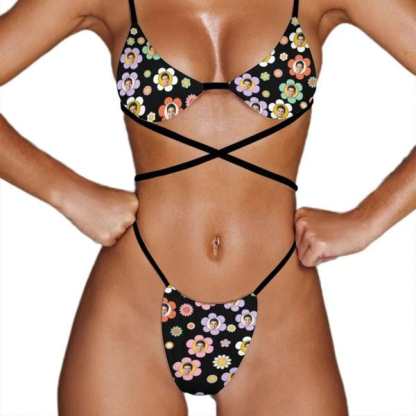 Custom Couple Matching Colorful Flowers Black Swimwear Custom Face Women's Two-Pieces Triangle Bikini Set & Men's Swim Shorts - YesCustom