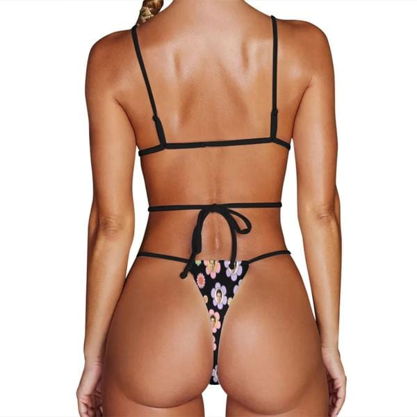 Custom Couple Matching Colorful Flowers Black Swimwear Custom Face Women's Two-Pieces Triangle Bikini Set & Men's Swim Shorts - YesCustom