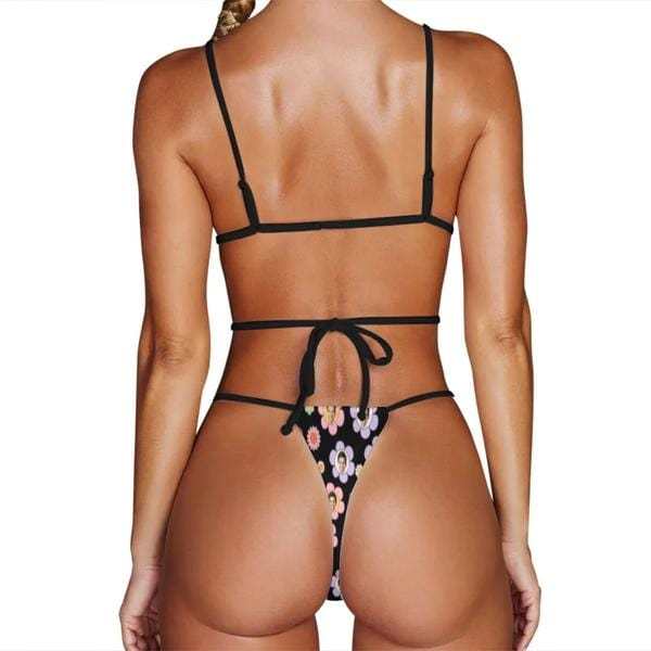 Custom Couple Matching Colorful Flowers Black Swimwear Custom Face Women's Two-Pieces Triangle Bikini Set & Men's Swim Shorts - YesCustom