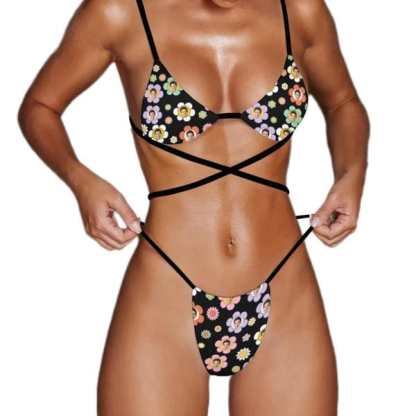 Custom Couple Matching Colorful Flowers Black Swimwear Custom Face Women's Two-Pieces Triangle Bikini Set & Men's Swim Shorts - YesCustom
