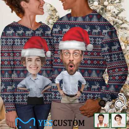 Custom Couple Matching Custom Face Sweater Santa Hat Long Sleeve Ugly Christmas Sweater Tops for Men and Women - YesCustom