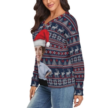 Custom Couple Matching Custom Face Sweater Santa Hat Long Sleeve Ugly Christmas Sweater Tops for Men and Women - YesCustom