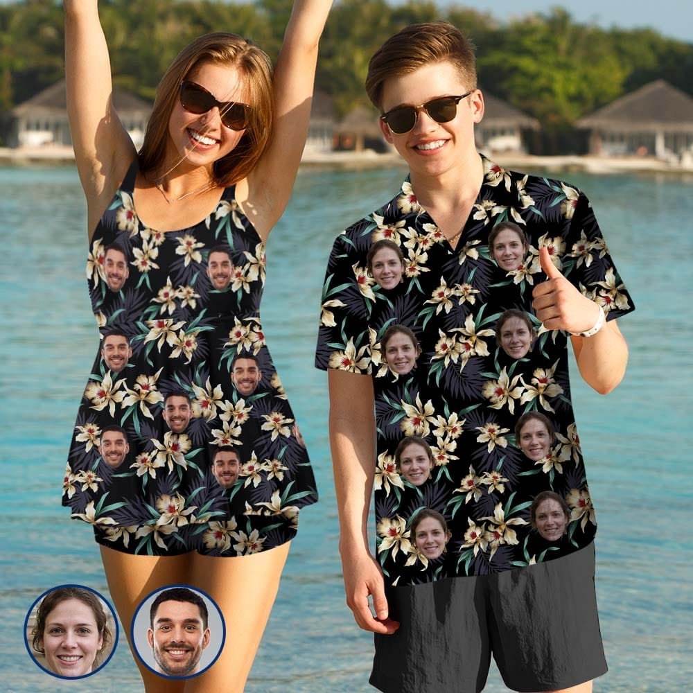 Custom Couple Matching Hawaiian Shirts&Swimsuits with Faces Best Couple Gift Flower Parrot Personalized Hawaiian Shirts&Tankini - YesCustom