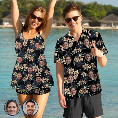 Custom Couple Matching Hawaiian Shirts&Swimsuits with Faces Best Couple Gift Flower Parrot Personalized Hawaiian Shirts&Tankini - YesCustom