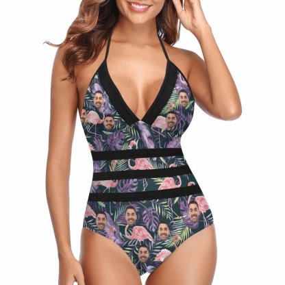 Custom Couple Matching Hawaiian Shirts&Swimsuits with Faces on Them Flamingo Purple Leaf Personalized Hawaiian Shirts Face Aloha Shirt Gift for Him/Her - YesCustom