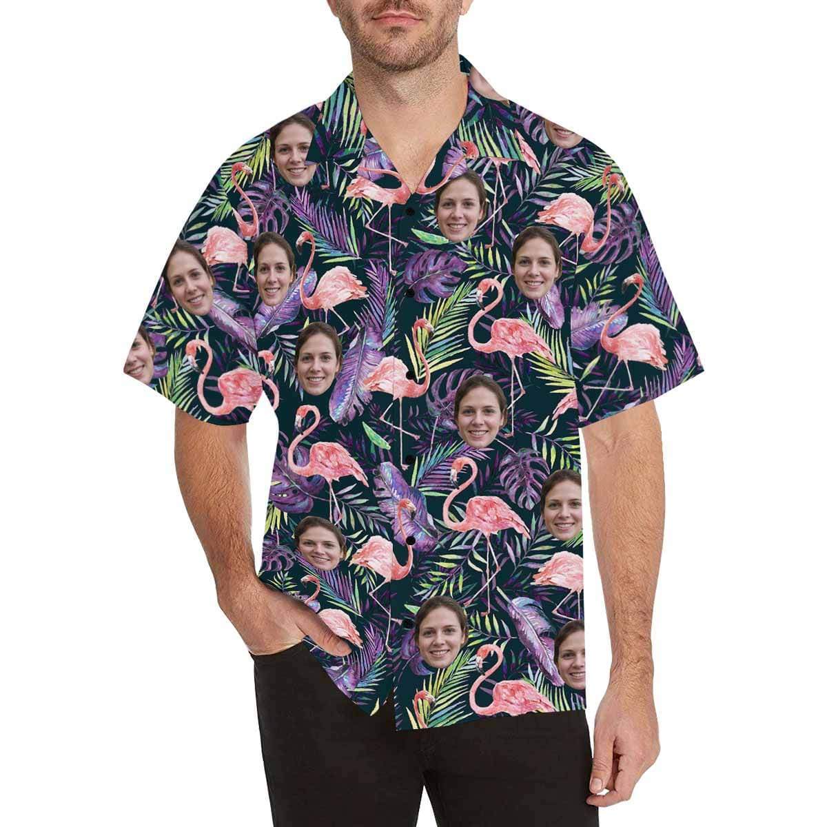 Custom Couple Matching Hawaiian Shirts&Swimsuits with Faces on Them Flamingo Purple Leaf Personalized Hawaiian Shirts Face Aloha Shirt Gift for Him/Her - YesCustom