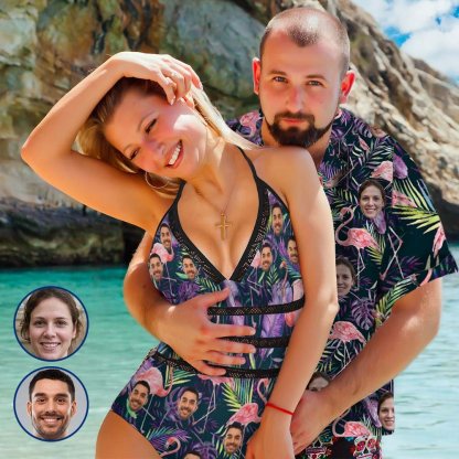 Custom Couple Matching Hawaiian Shirts&Swimsuits with Faces on Them Flamingo Purple Leaf Personalized Hawaiian Shirts Face Aloha Shirt Gift for Him/Her - YesCustom