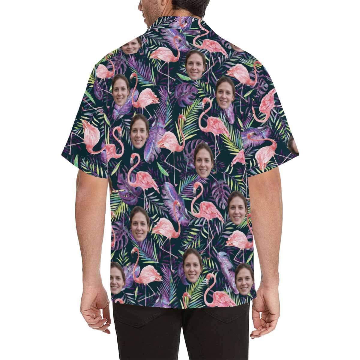 Custom Couple Matching Hawaiian Shirts&Swimsuits with Faces on Them Flamingo Purple Leaf Personalized Hawaiian Shirts Face Aloha Shirt Gift for Him/Her - YesCustom