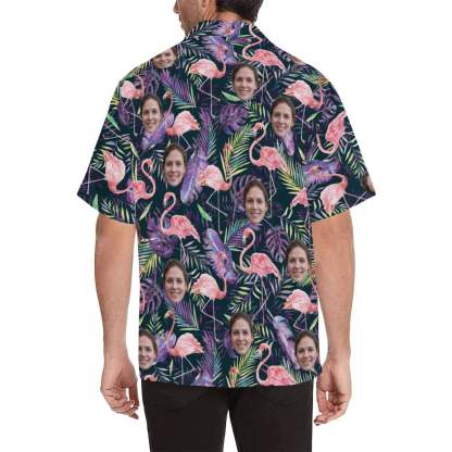 Custom Couple Matching Hawaiian Shirts&Swimsuits with Faces on Them Flamingo Purple Leaf Personalized Hawaiian Shirts Face Aloha Shirt Gift for Him/Her - YesCustom