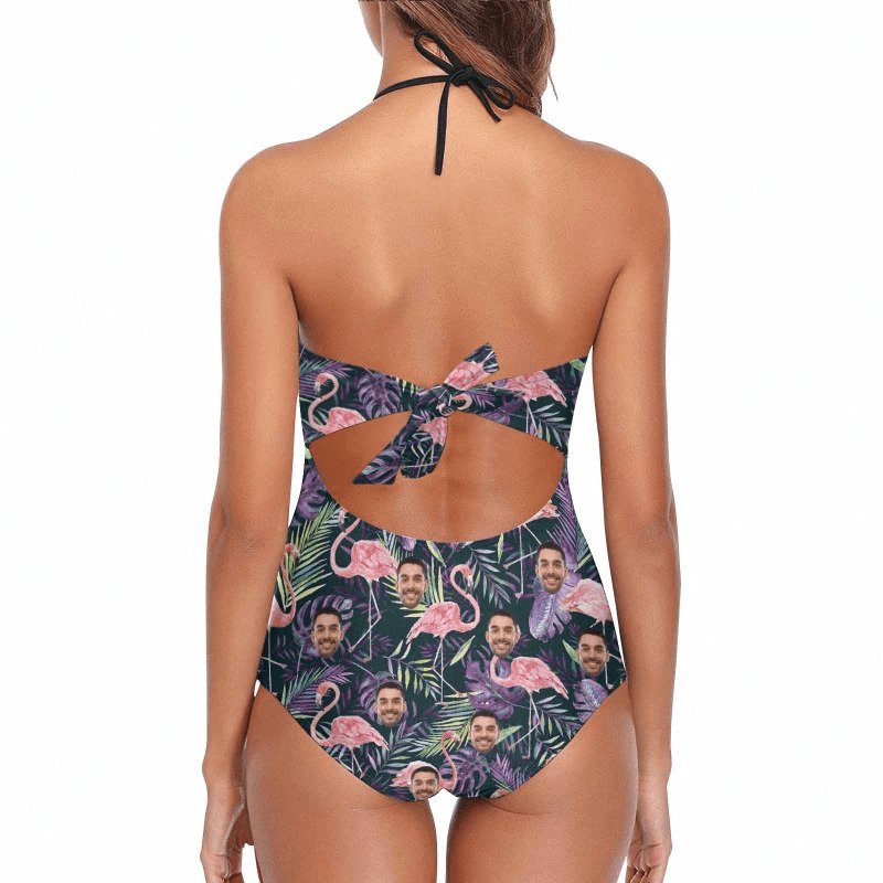 Custom Couple Matching Hawaiian Shirts&Swimsuits with Faces on Them Flamingo Purple Leaf Personalized Hawaiian Shirts Face Aloha Shirt Gift for Him/Her - YesCustom