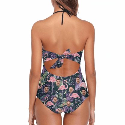 Custom Couple Matching Hawaiian Shirts&Swimsuits with Faces on Them Flamingo Purple Leaf Personalized Hawaiian Shirts Face Aloha Shirt Gift for Him/Her - YesCustom