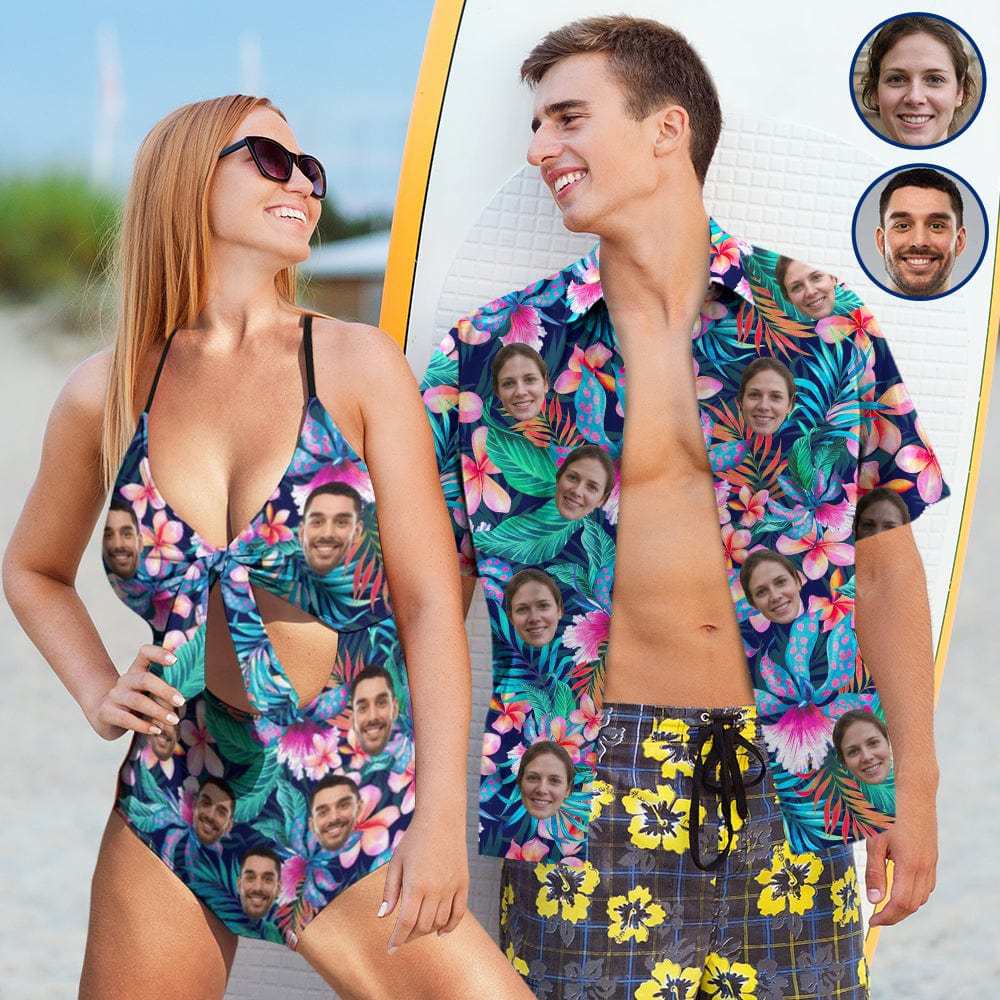 Custom Couple Matching Hawaiian Shirts&Swimsuits with Faces Personalized Hawaiian Shirt Photo Tropical Aloha Shirt Birthday Vacation Party Gift - YesCustom