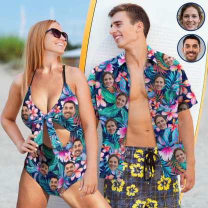 Custom Couple Matching Hawaiian Shirts&Swimsuits with Faces Personalized Hawaiian Shirt Photo Tropical Aloha Shirt Birthday Vacation Party Gift - YesCustom