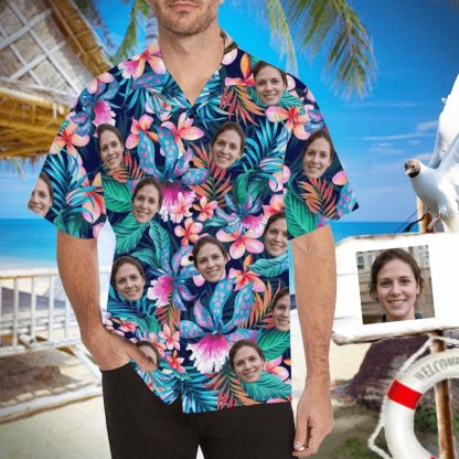 Custom Couple Matching Hawaiian Shirts&Swimsuits with Faces Personalized Hawaiian Shirt Photo Tropical Aloha Shirt Birthday Vacation Party Gift - YesCustom