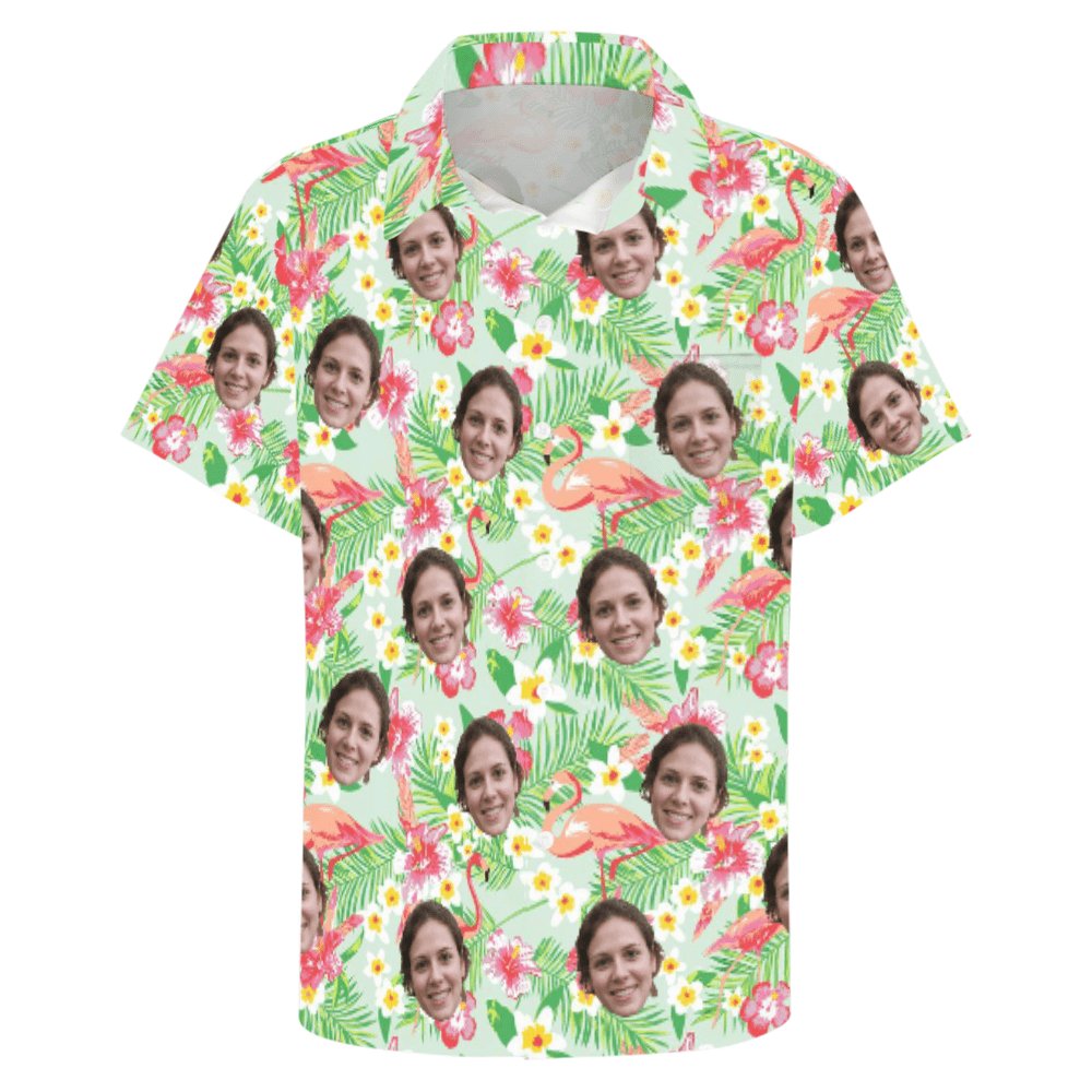 Custom Couple Matching Shirt&Dress Custom Face Flamingoes Pocket Hawaiian Shirt&Women's Sleeveless Dress Men Front Pocket Beach Shortsleeve Shirt Boyfriend Gift For Him - YesCustom