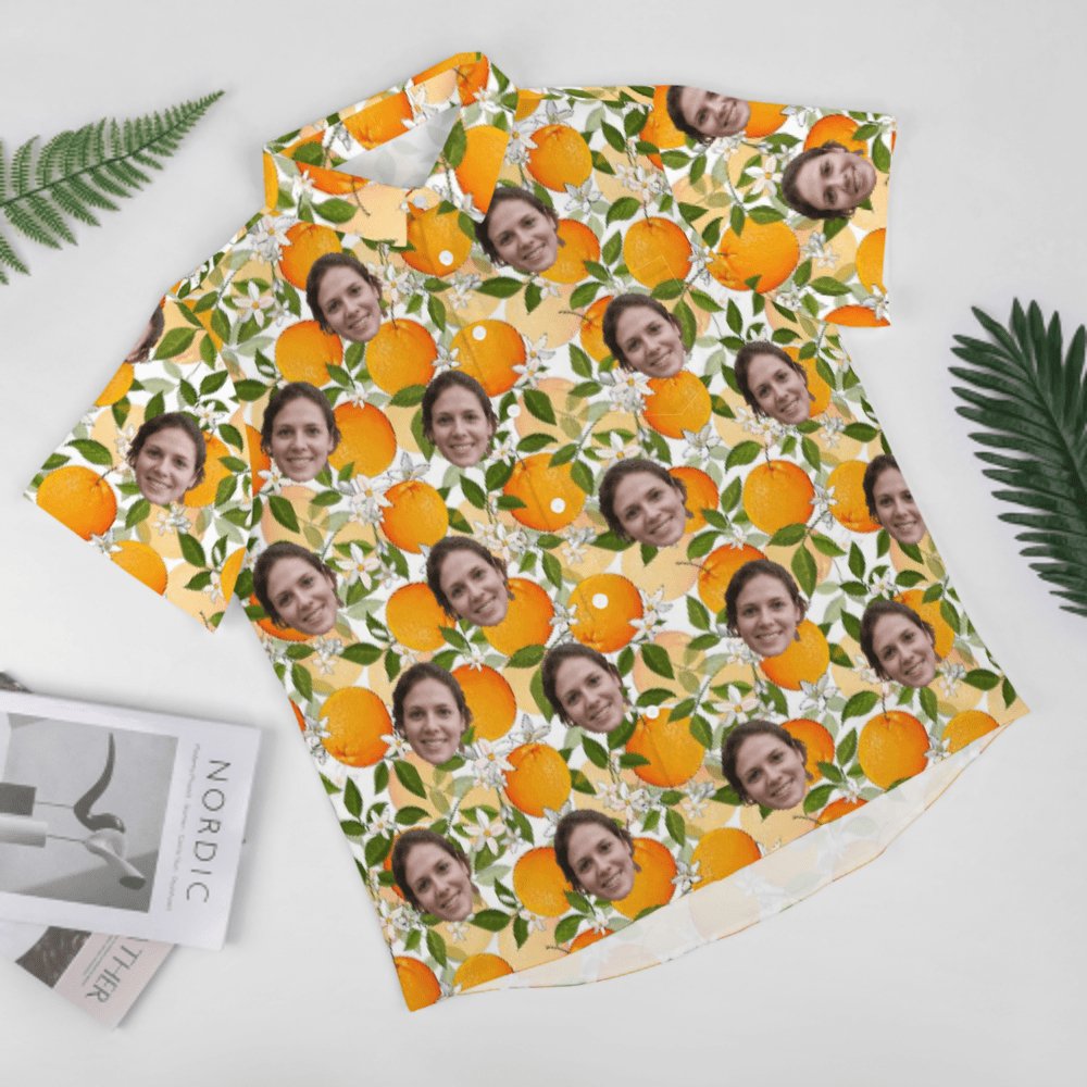 Custom Couple Matching Shirt&Dress Custom Face Oranges Shirt Men Front Pocket Beach Shortsleeve Pocket Hawaiian Shirt Boyfriend Gift For Him - YesCustom