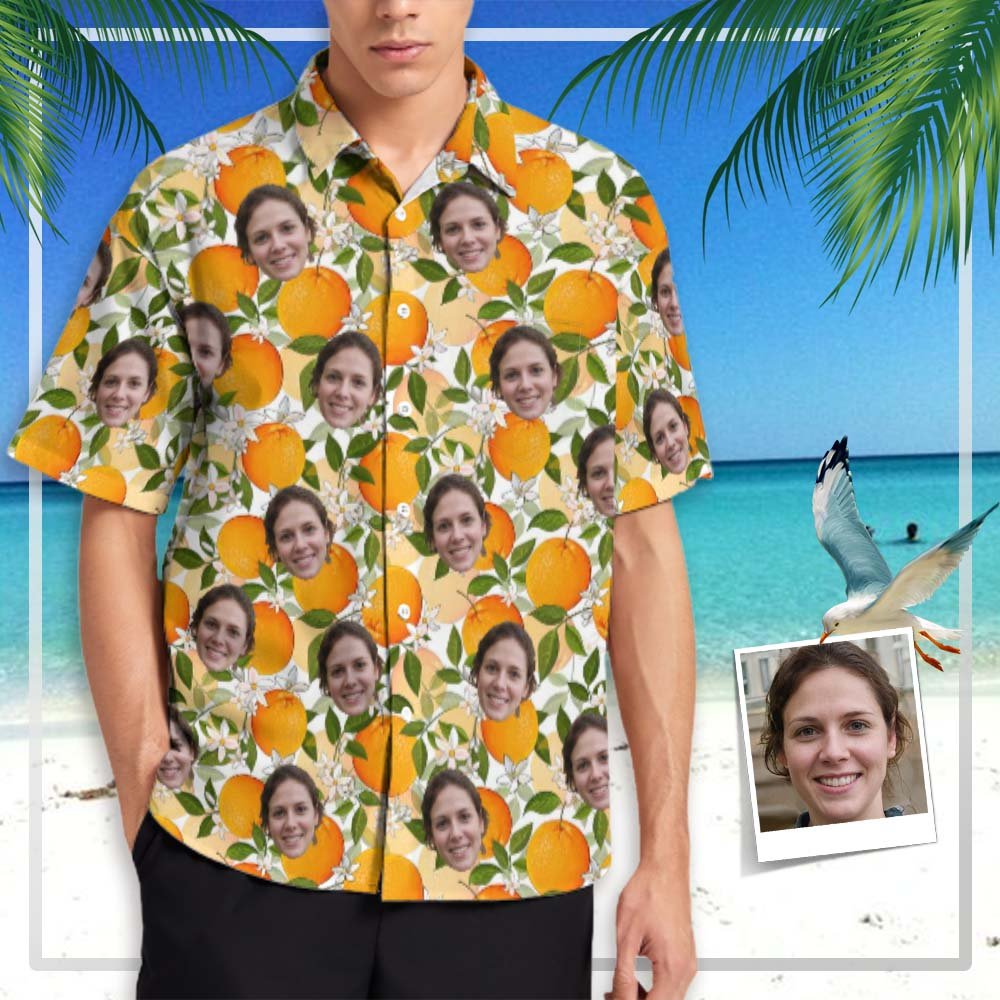 Custom Couple Matching Shirt&Dress Custom Face Oranges Shirt Men Front Pocket Beach Shortsleeve Pocket Hawaiian Shirt Boyfriend Gift For Him - YesCustom