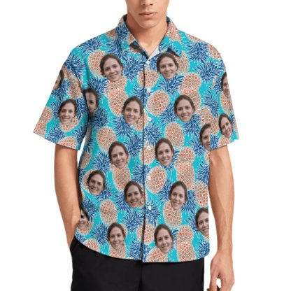 Custom Couple Matching Shirt&Dress Custom Face Pineapples Shirt Men Front Pocket Beach Shortsleeve Pocket Hawaiian Shirt Boyfriend Gift For Him - YesCustom