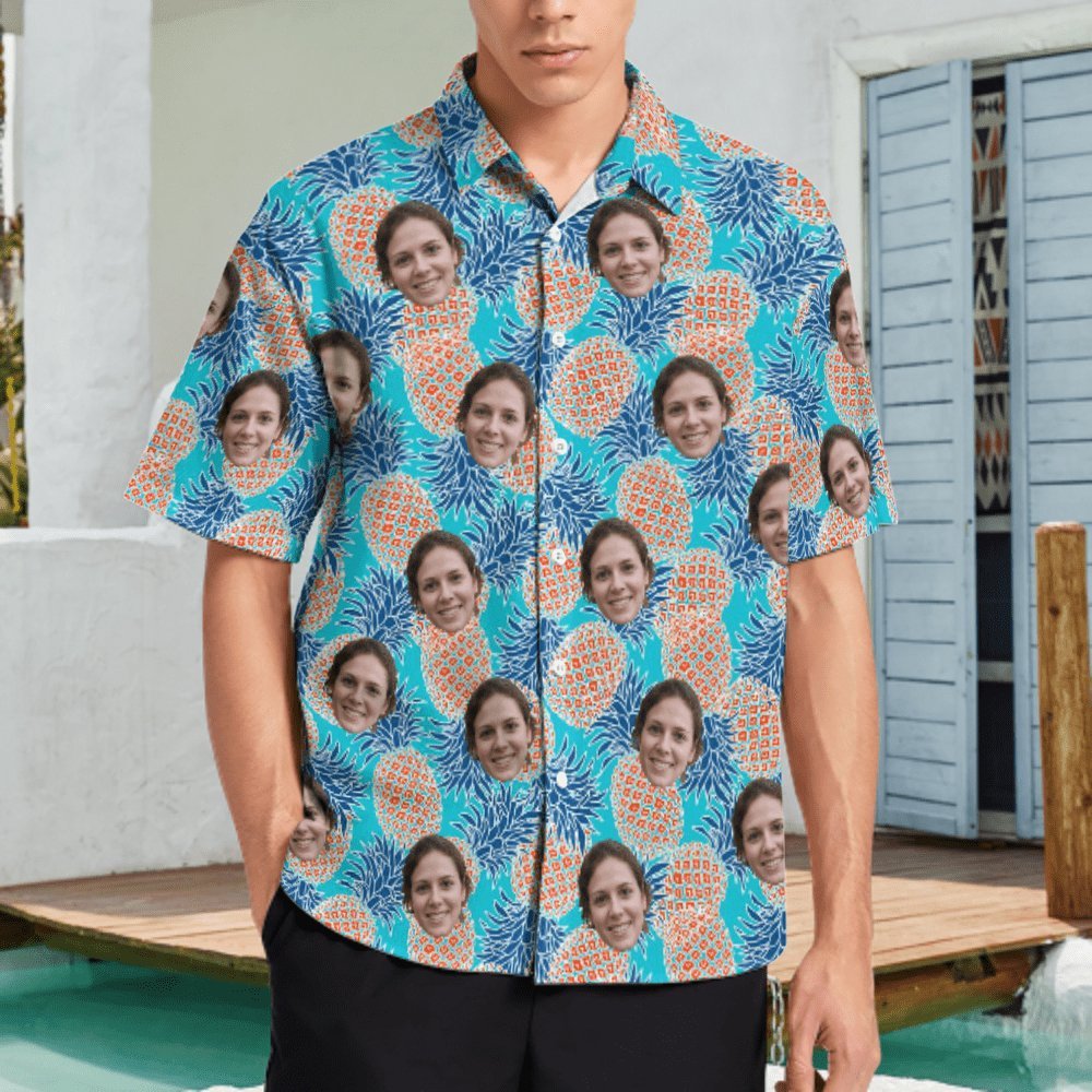 Custom Couple Matching Shirt&Dress Custom Face Pineapples Shirt Men Front Pocket Beach Shortsleeve Pocket Hawaiian Shirt Boyfriend Gift For Him - YesCustom
