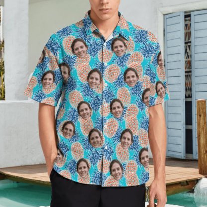 Custom Couple Matching Shirt&Dress Custom Face Pineapples Shirt Men Front Pocket Beach Shortsleeve Pocket Hawaiian Shirt Boyfriend Gift For Him - YesCustom