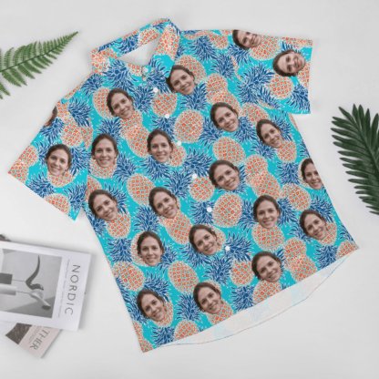 Custom Couple Matching Shirt&Dress Custom Face Pineapples Shirt Men Front Pocket Beach Shortsleeve Pocket Hawaiian Shirt Boyfriend Gift For Him - YesCustom