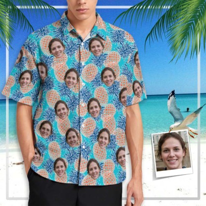 Custom Couple Matching Shirt&Dress Custom Face Pineapples Shirt Men Front Pocket Beach Shortsleeve Pocket Hawaiian Shirt Boyfriend Gift For Him - YesCustom
