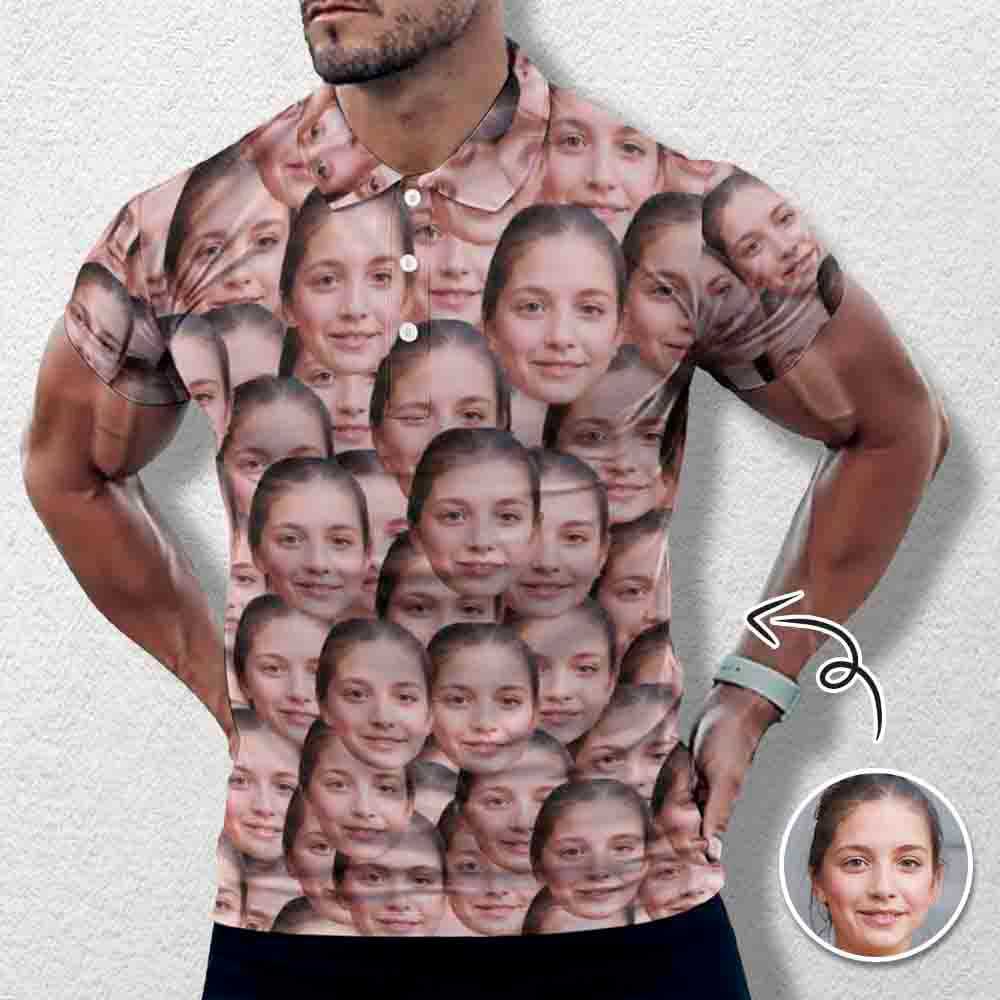 Custom Couple Matching Shirt&Dress Custom Face Seamless Selfie All Over Print Polo Shirt Personalized Men's Golf Shirt - YesCustom