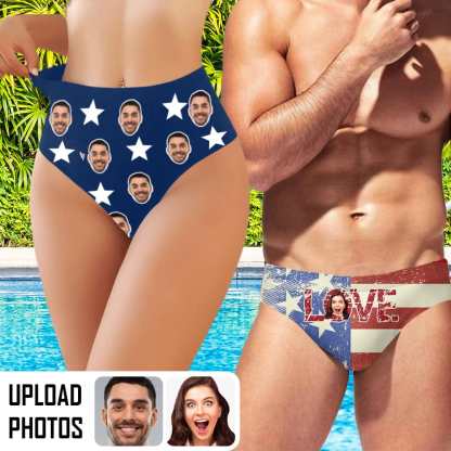 Custom #Couple Matching Swimwear #American Flag Bathingsuit Custom Face Men's Swim Shorts Triangle Briefs Bottoms Women's High Waisted Bikini Bottom for Celebrate Holiday Party - YesCustom