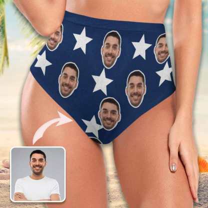 Custom #Couple Matching Swimwear #American Flag Bathingsuit Custom Face Men's Swim Shorts Triangle Briefs Bottoms Women's High Waisted Bikini Bottom for Celebrate Holiday Party - YesCustom