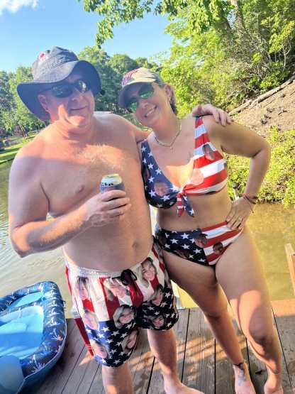 Custom #Couple Matching Swimwear #American Flag Bathingsuit #Independence Day#Custom Husband Face American Flag Swimsuit Personalized Bikini & Swim Trunks Celebrate Holiday Party - YesCustom