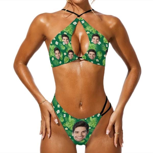 Custom Couple Matching Swimwear Custom Face Green Leaves Full Print Open Chest Bikini Women's Adjustable Halter Neck Straps Bikini Set & Men's Swim Shorts - YesCustom
