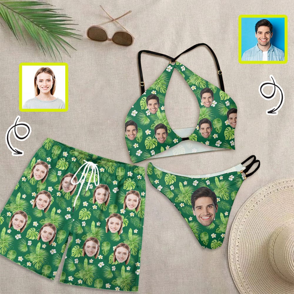 Custom Couple Matching Swimwear Custom Face Green Leaves Full Print Open Chest Bikini Women's Adjustable Halter Neck Straps Bikini Set & Men's Swim Shorts - YesCustom