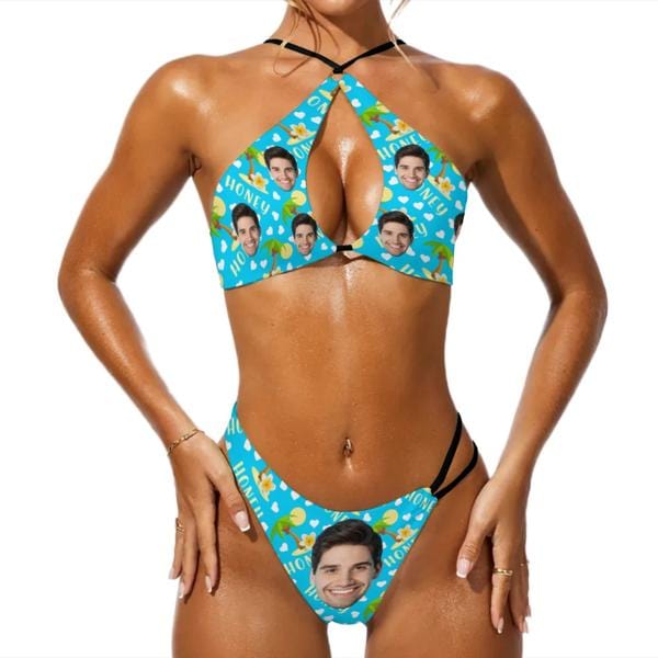 Custom Couple Matching Swimwear Custom Face Honey Heart Open Chest Bikini Women's Adjustable Halter Neck Straps Bikini Set & Men's Swim Shorts - YesCustom