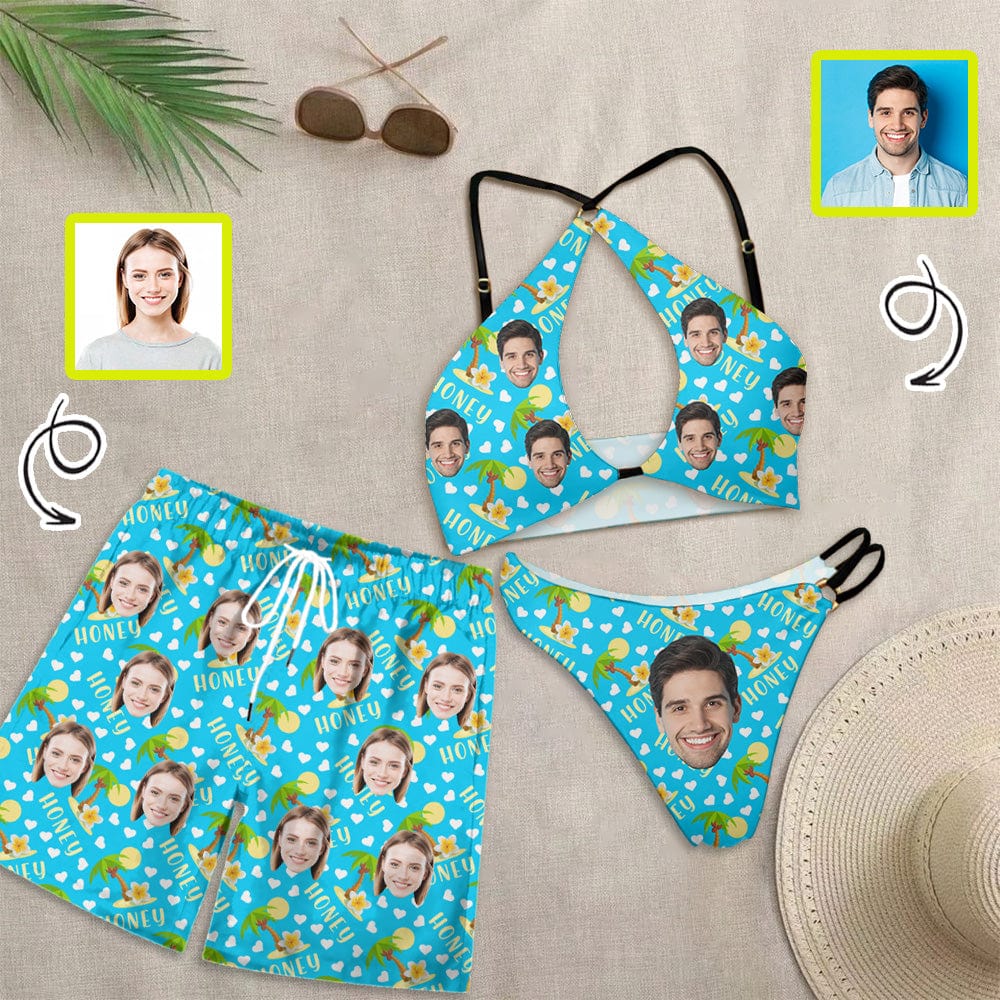 Custom Couple Matching Swimwear Custom Face Honey Heart Open Chest Bikini Women's Adjustable Halter Neck Straps Bikini Set & Men's Swim Shorts - YesCustom