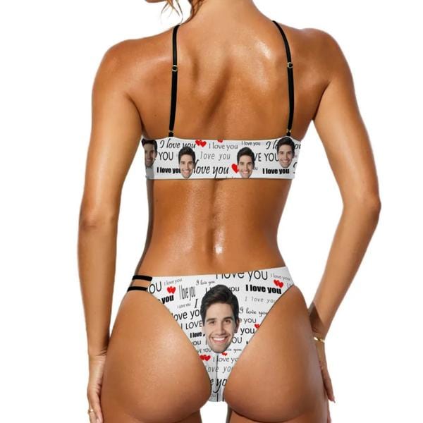 Custom Couple Matching Swimwear Custom Face I Love You Open Chest Bikini Women's Adjustable Halter Neck Straps Bikini Set & Men's Swim Shorts - YesCustom