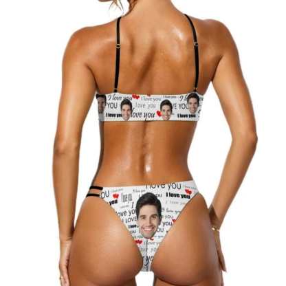 Custom Couple Matching Swimwear Custom Face I Love You Open Chest Bikini Women's Adjustable Halter Neck Straps Bikini Set & Men's Swim Shorts - YesCustom