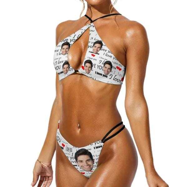 Custom Couple Matching Swimwear Custom Face I Love You Open Chest Bikini Women's Adjustable Halter Neck Straps Bikini Set & Men's Swim Shorts - YesCustom