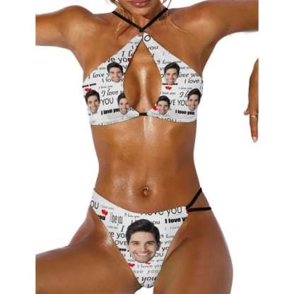 Custom Couple Matching Swimwear Custom Face I Love You Open Chest Bikini Women's Adjustable Halter Neck Straps Bikini Set & Men's Swim Shorts - YesCustom